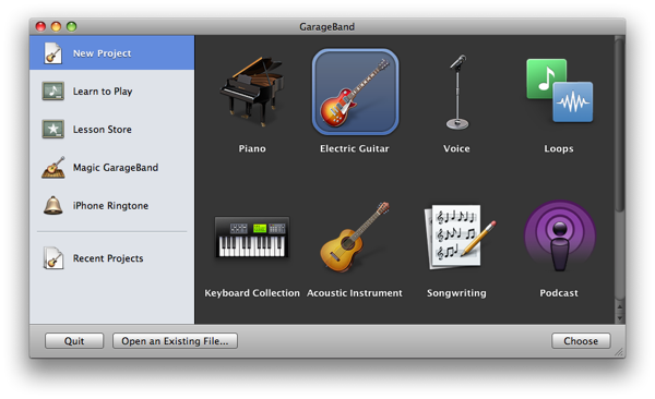 GarageBand's project chooser
