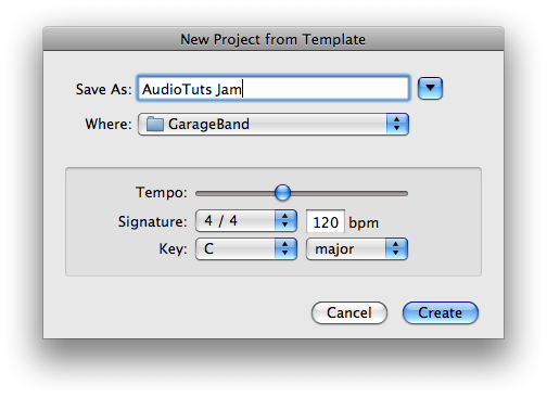 GarageBand's define project window