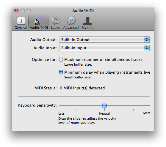 GarageBand's preference window